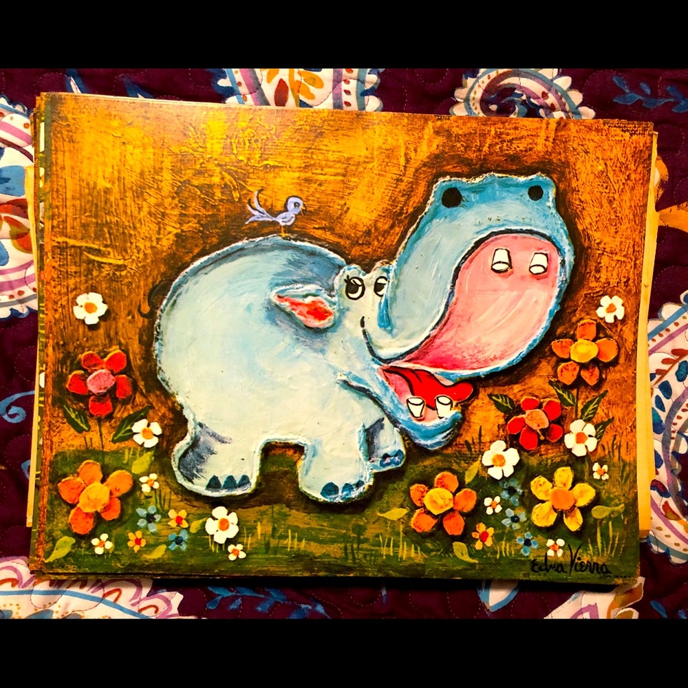 Edna Vierra 1960s vintage litho print Hippo